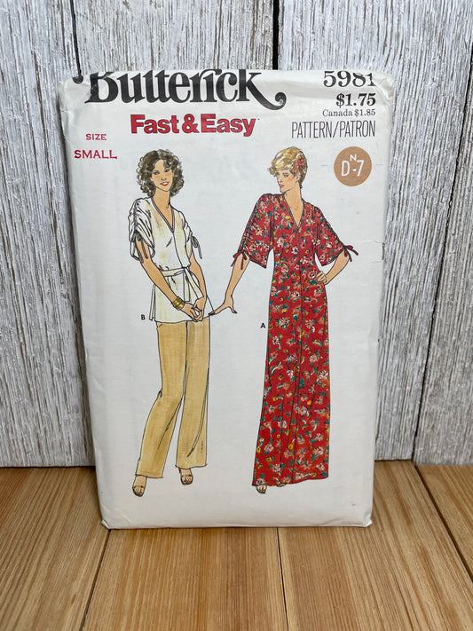 Butterick 5981 Gathered Drawstring Sleeved Dress Top and Elastic Paints Size Small (8-10) Pattern Uncut FF