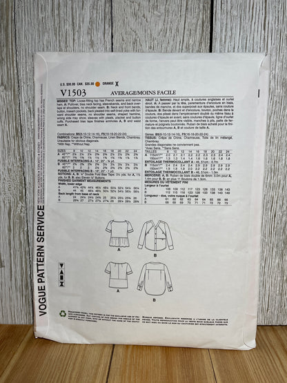 Vogue V1503 Flowy Button Up Blouse with French Seams or Tiered Shirt Size 8-16 Pattern UNCUT FF