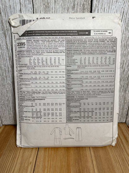 McCall's 2395 Jacket/ Duster Top Pull-on Pants for Knit Fabrics Size 10-14 Pattern Uncut FF