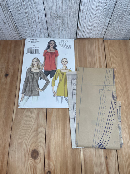 Very Easy Very Vogue V8650 Pleated Front Square Neck Blouse with Two Sleeve Lengths Pattern Size 14-20 UNCUT FF