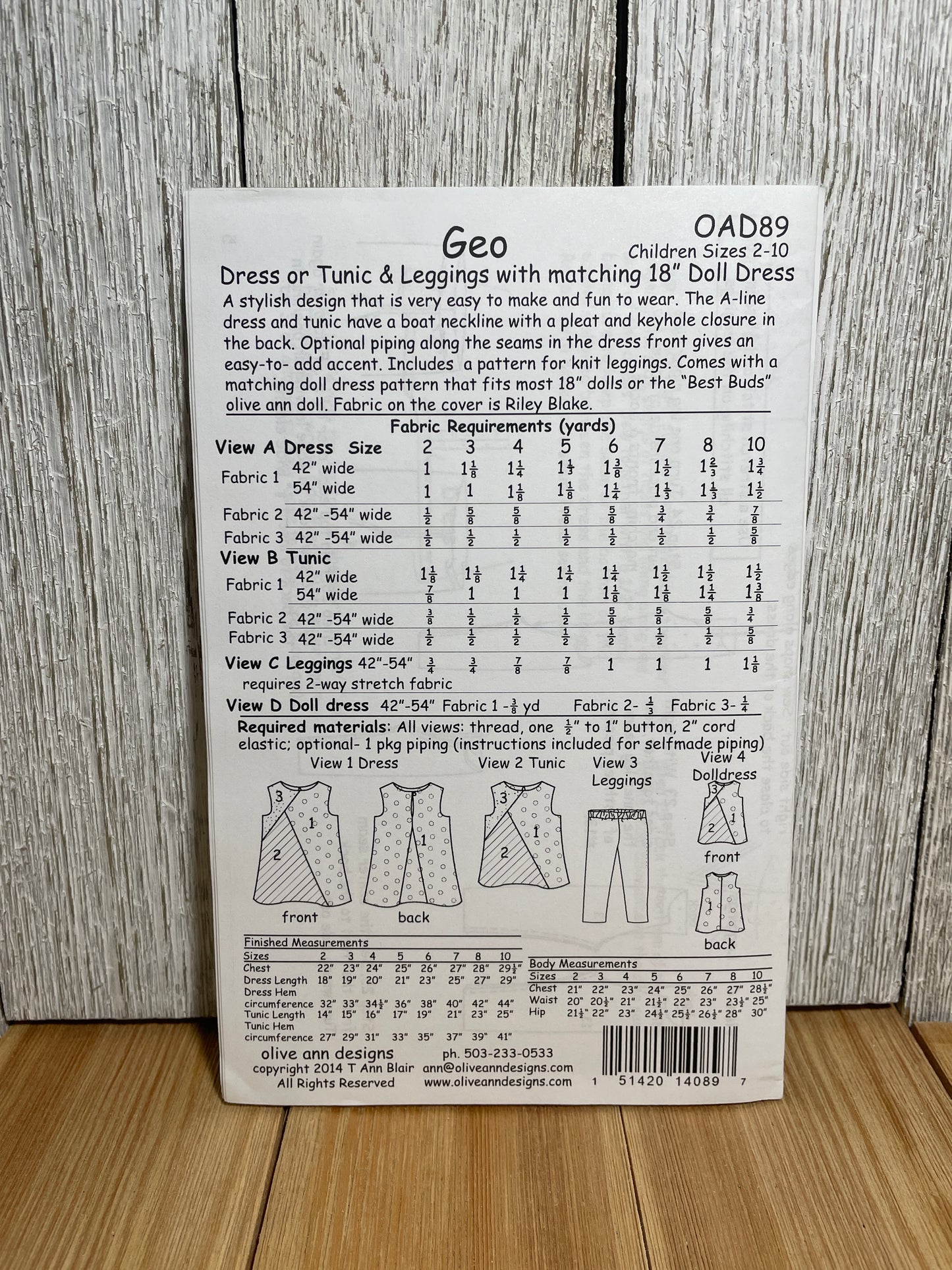 Olive Ann Designs Geo OAD89 Dress Tunic and Leggings Pattern for Children Size 2-10 UNCUT FF Includes Matching Doll Dress