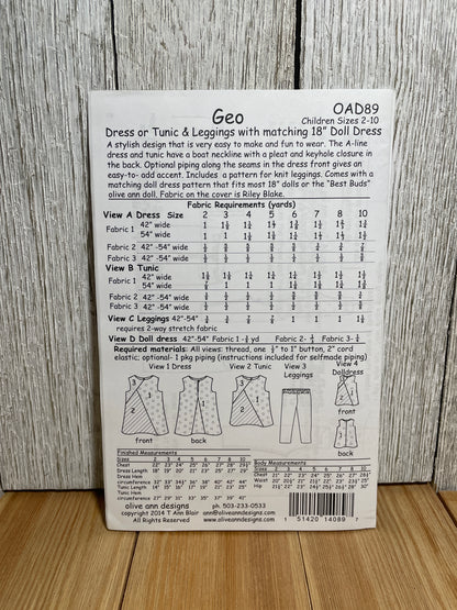 Olive Ann Designs Geo OAD89 Dress Tunic and Leggings Pattern for Children Size 2-10 UNCUT FF Includes Matching Doll Dress