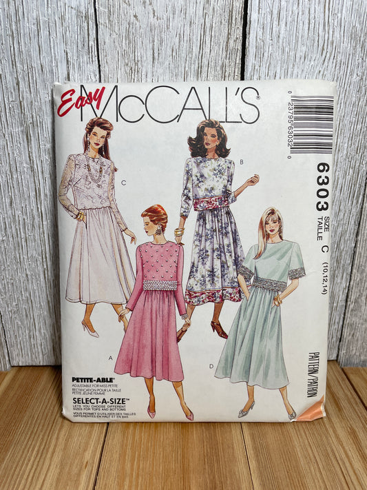 McCall's 6303 Two Pices Dress Pull Over Top with Shoulder Pads Gathered Skirt Size 10-14 Pattern Uncut FF