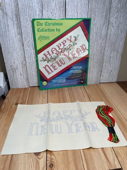 Vintage Merry Christmas and Happy New Year Stamped Cross Stitch Sampler Bundle of 2