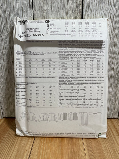 McCall's M7216 Men's Waistcoat, Jacket, Straight Pants Size 34-52 Pattern UNCUT FF Halloween Costume