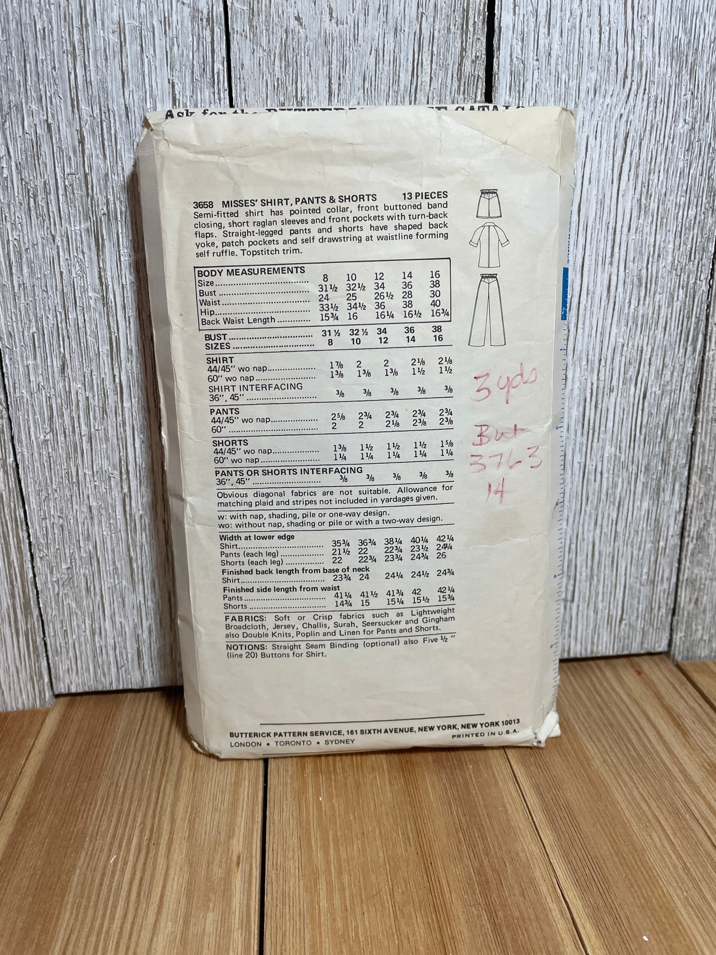 Butterick 3658 Shorts Pants Shirt Pattern Size 14 PreCUT Complete
