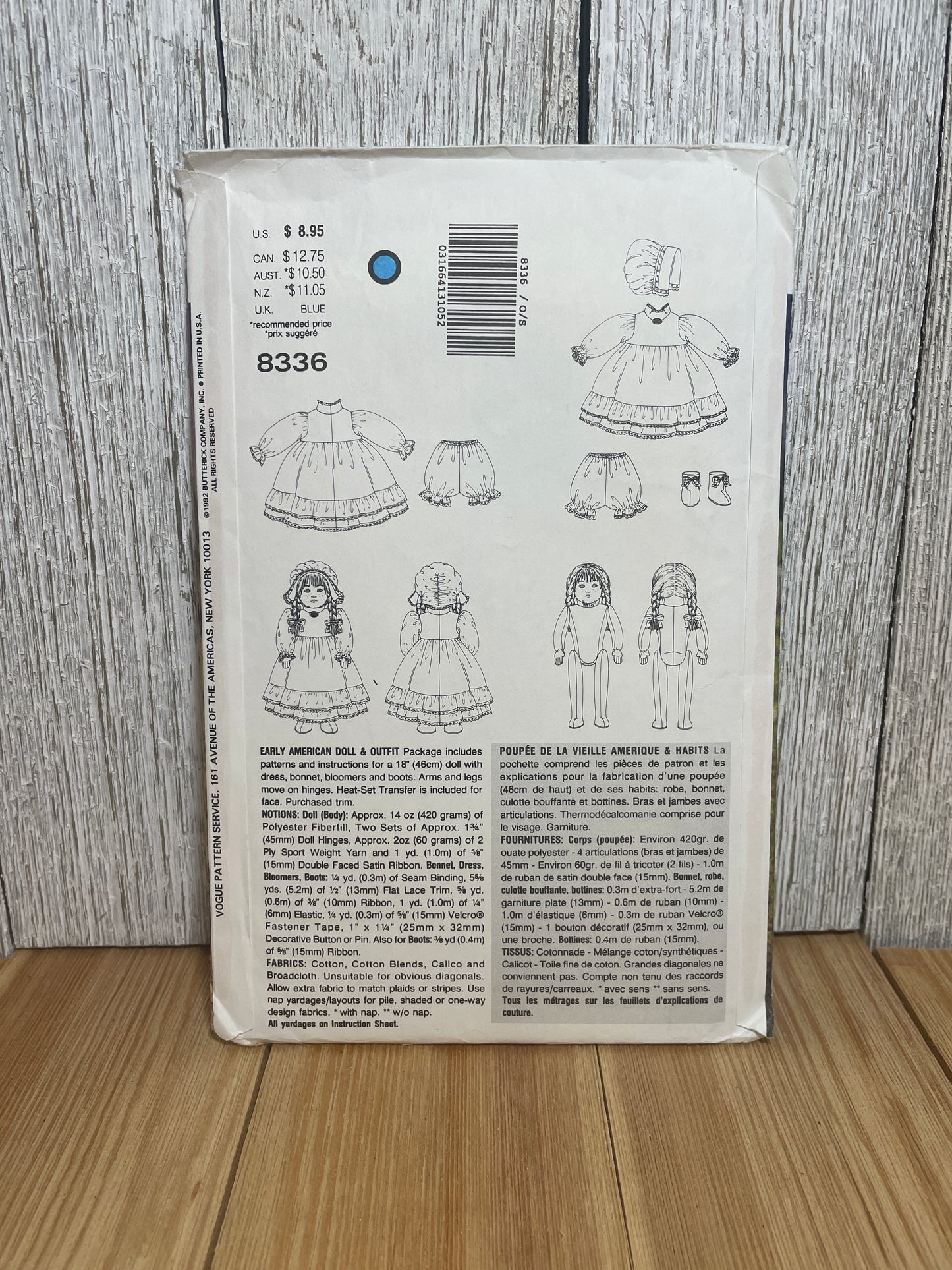 Vogue Craft 8336 Doll Collection Early American Doll and Outfit with Face Transfer Pattern UNCUT FF