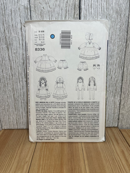 Vogue Craft 8336 Doll Collection Early American Doll and Outfit with Face Transfer Pattern UNCUT FF