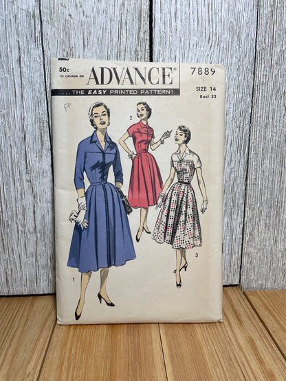 Advance 7889 1950's Dress V Neck Sinched Waist Shin Length Dress Pattern Size 14 UNCUT FF