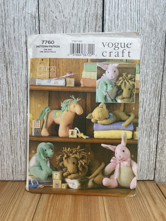 Vogue Craft 7760 Stuffed Bunny, Lion, Cat, Dog, Horse Easy Animals for Baby Pattern UNCUT FF