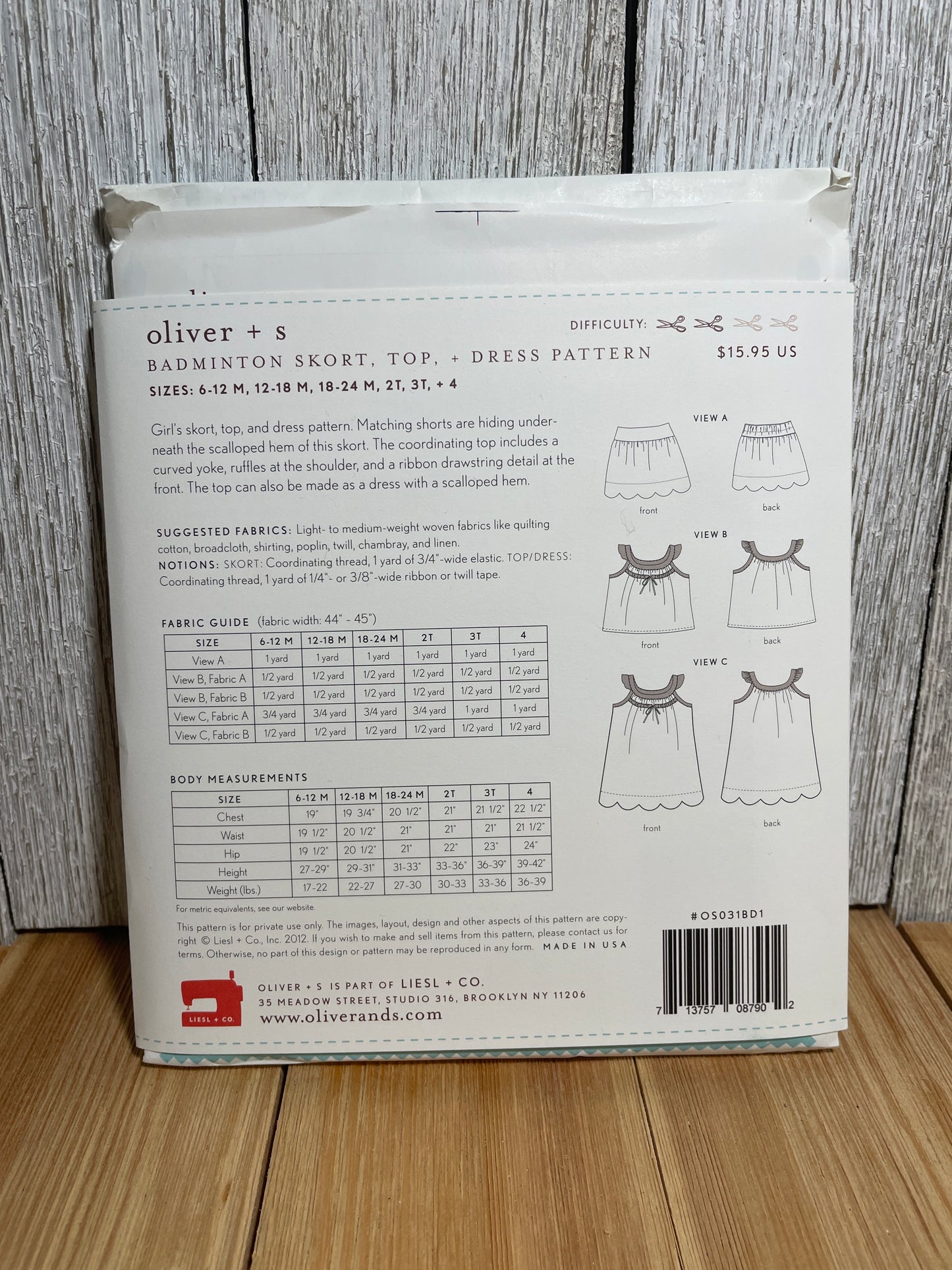 Oliver + S Girls Child Dress and Shorts Physical Pattern (U PIC Pattern) UNCUT FACTORY FOLDED Oliver and S