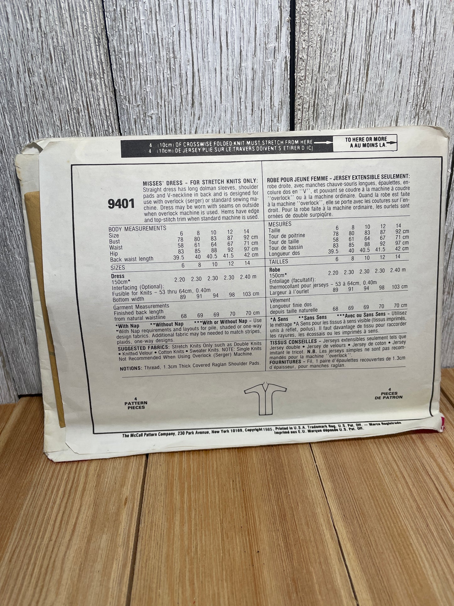 McCall's 9401 Misses Strech Knit Dress Deep V Line Back Size 10 Uncut FF Sewing Pattern