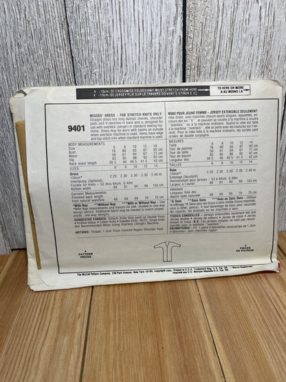 McCall's 9401 Misses Strech Knit Dress Deep V Line Back Size 10 Uncut FF Sewing Pattern