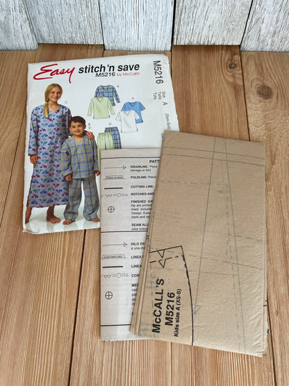 Mccalls Costumes M5216 Childrens Tops Nightshirt and Pants Size XS-S Pattern Uncut FF