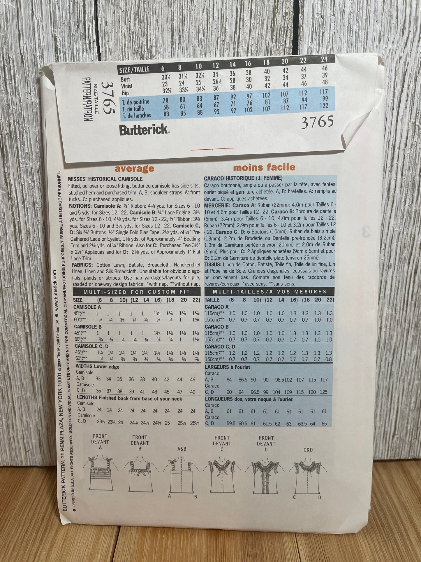Butterick 3765 Making History Historical Chamisal in Four Styles Pattern Size 12-16 UNCUT FF