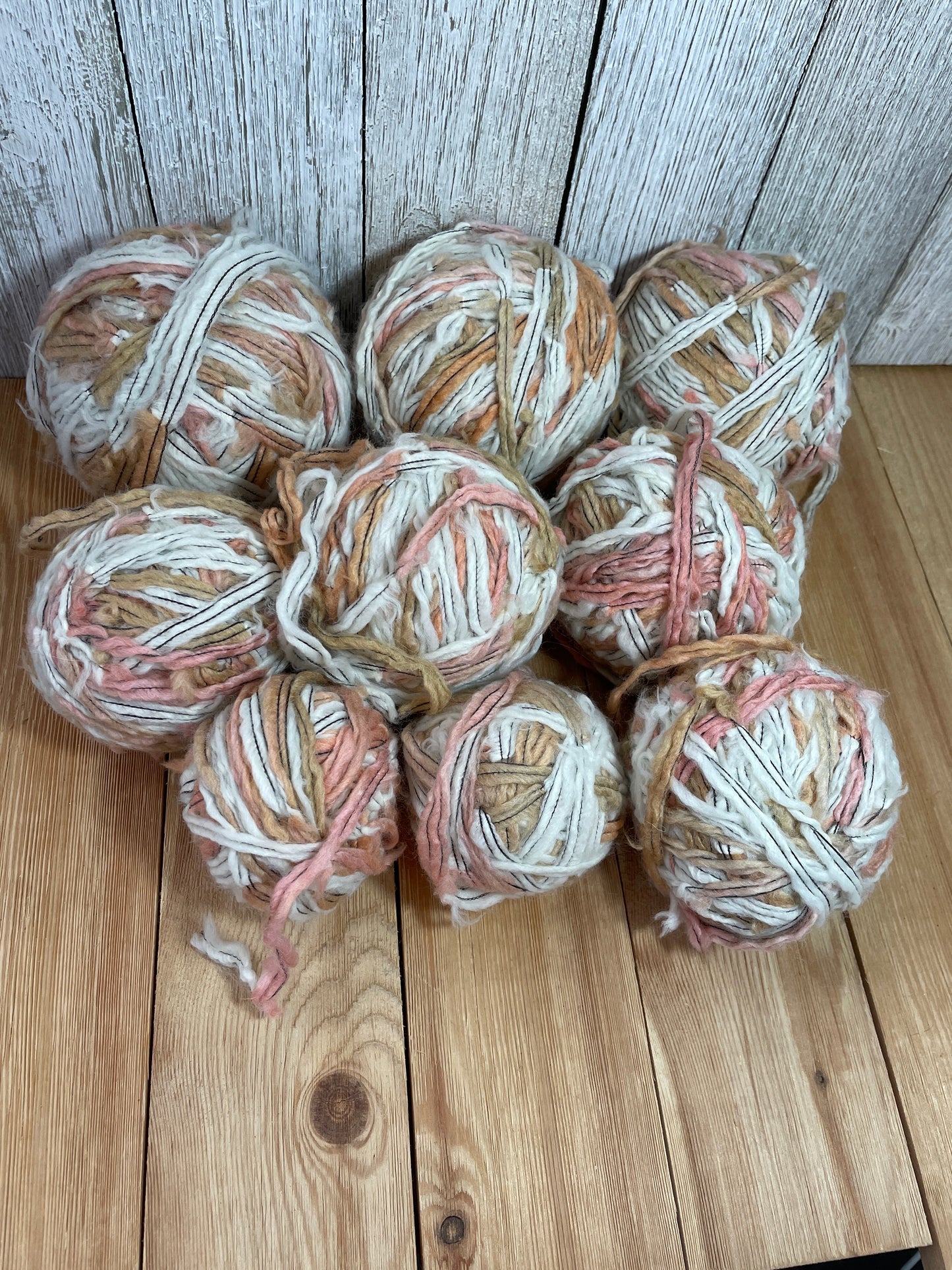 Mystery Bulky Yarn Pink White Tan with Contrasting Black Thread 9 Skein Bundle