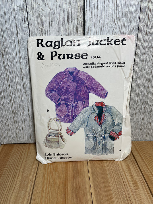 Design & Sew Raglan Jacket and Purse #304 Lined Jacket with Leather Purse Pattern Size 4-22 UNCUT FF