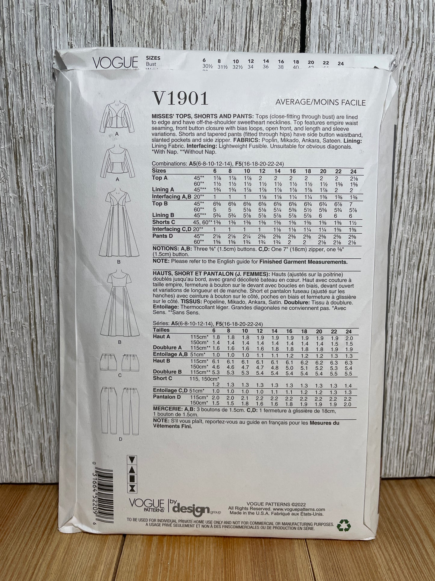 Vogue V1901 Sweetheart Neckline Empire Waist Blouse in Two Lengths Pants Shorts Size 6-14 Pattern UNCUT FF