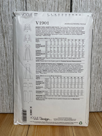 Vogue V1901 Sweetheart Neckline Empire Waist Blouse in Two Lengths Pants Shorts Size 6-14 Pattern UNCUT FF
