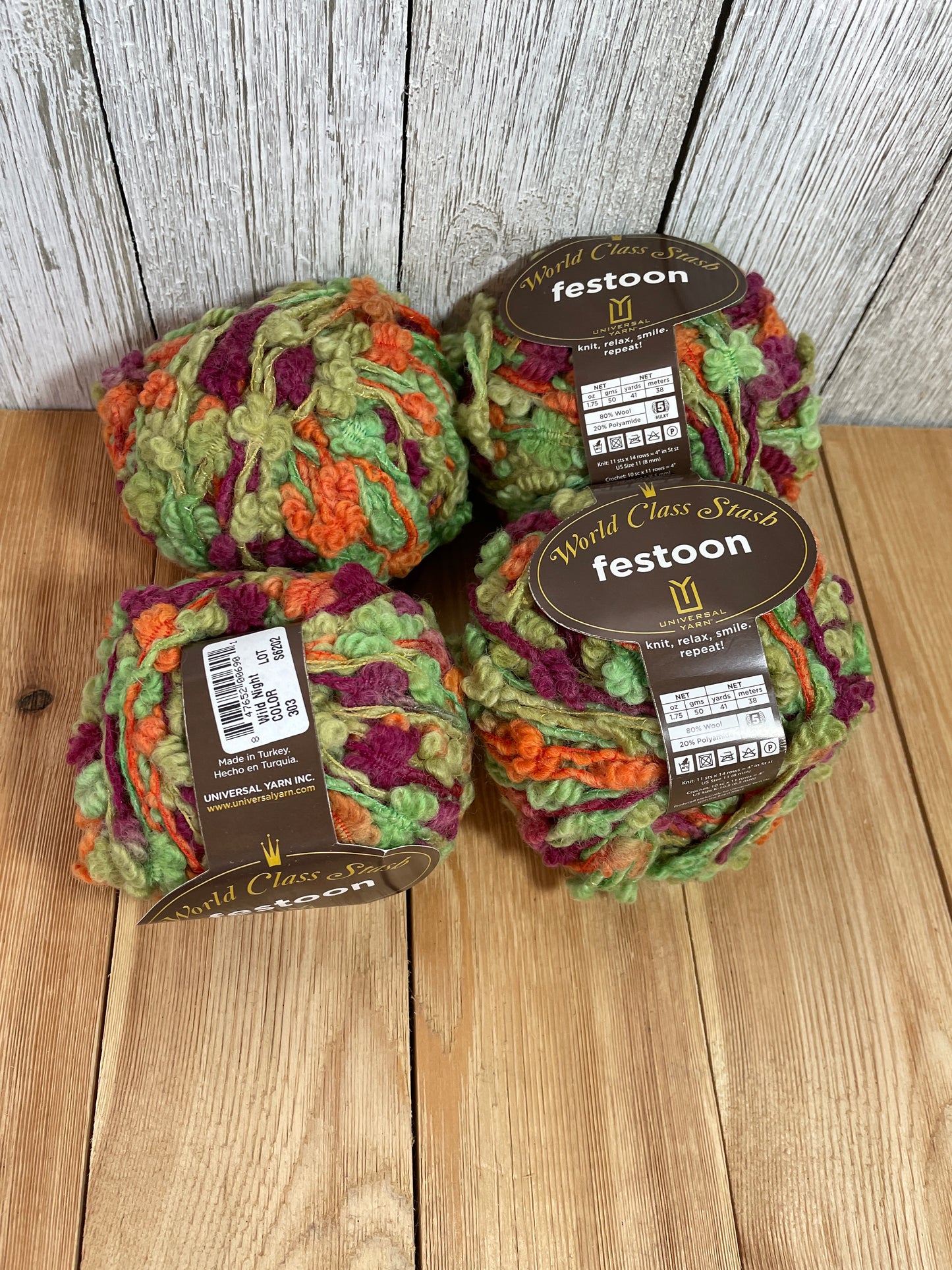 World Class Stash Festoon Yarn Wild Night 4 Skein Bundle Green, Purple, Orange Fuzzy Yarn