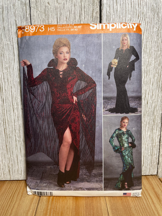 Simplicity S8973 Morticia Addams Goth Vampire Gown Costume Pattern Size 6-14 UNCUT FF Halloween