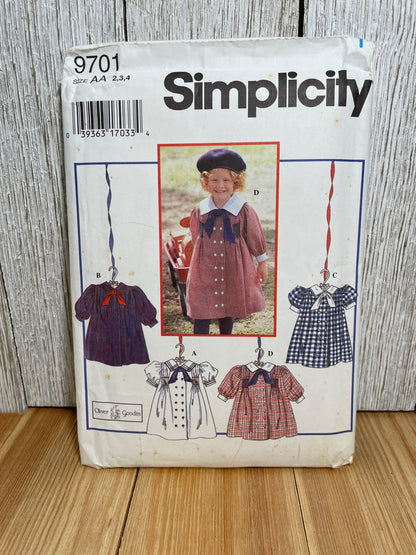 Simplicity 9701 Girls Collared Dress w/ Bow Tie Pattern Size 2-4 UNCUT FF WITH TRANSFER