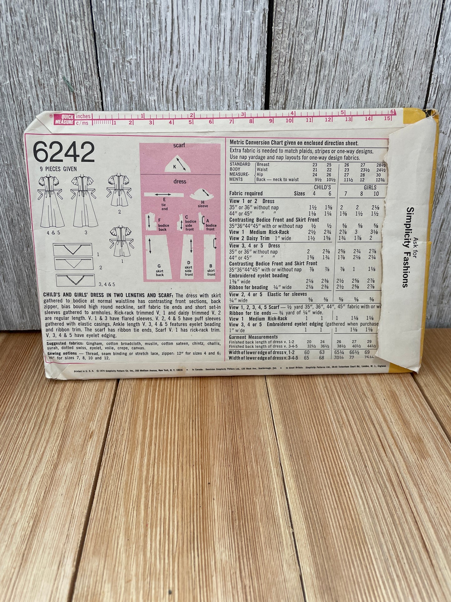 Simplicity 6242 Child Girl Dress and Scarf Costume Size 7 Uncut FF Sewing Pattern