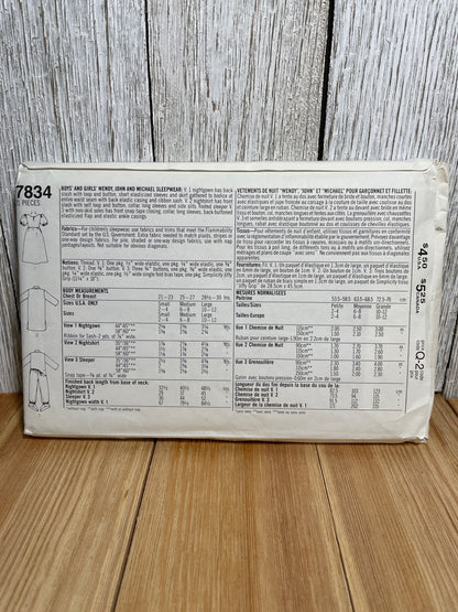 Simplicity 7834 Walt Disney Peter Pan Wnedy John and Michael Costume Size 2-12 Pattern UNCUT FF Halloween Costume