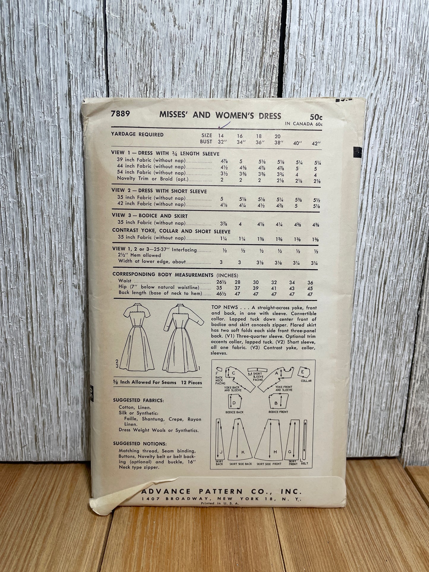 Advance 7889 1950's Dress V Neck Sinched Waist Shin Length Dress Pattern Size 14 UNCUT FF