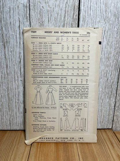 Advance 7889 1950's Dress V Neck Sinched Waist Shin Length Dress Pattern Size 14 UNCUT FF
