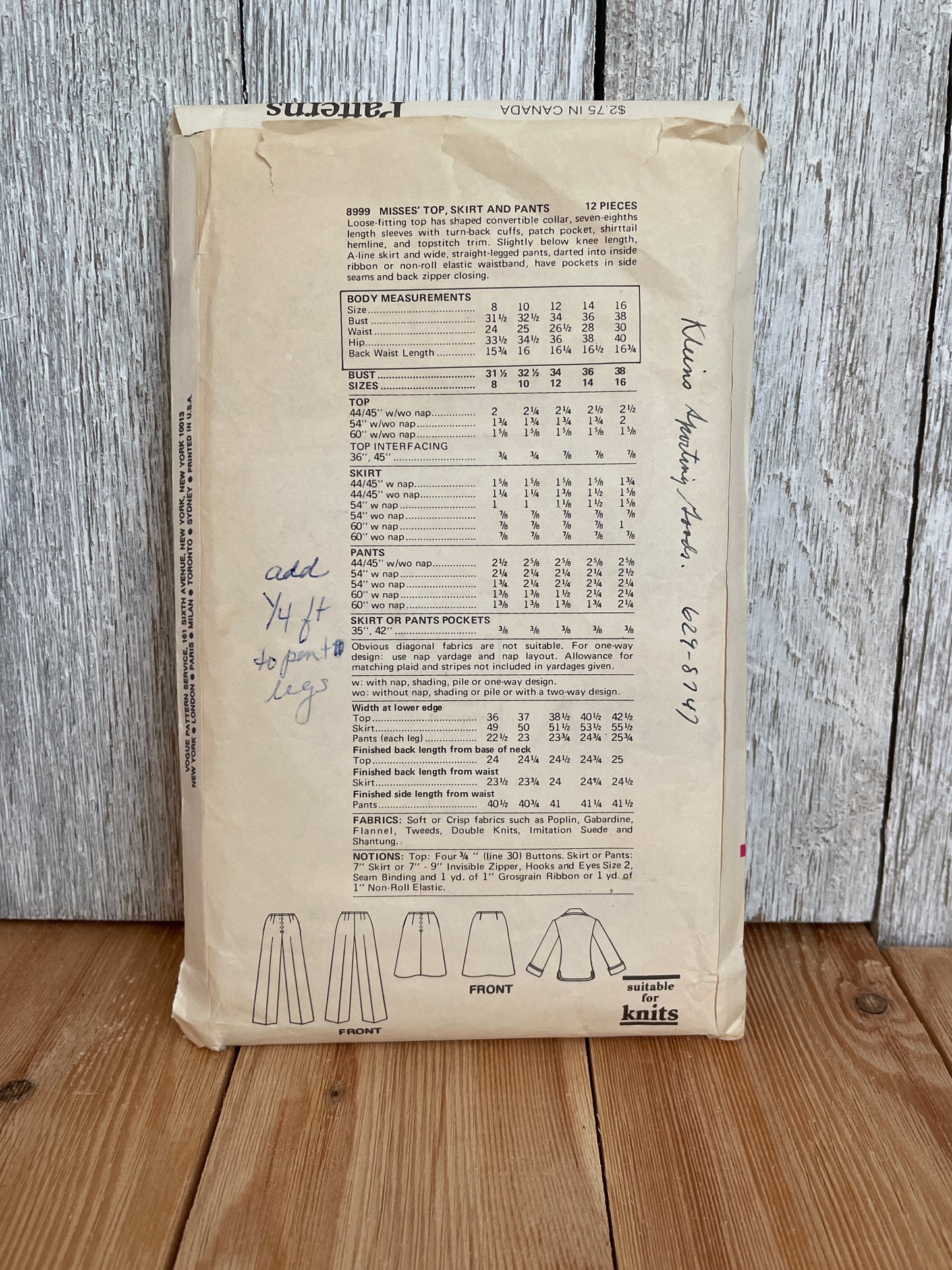 Vogue 8999 Top Skirt Pants Size 12 Sewing Pattern Complete