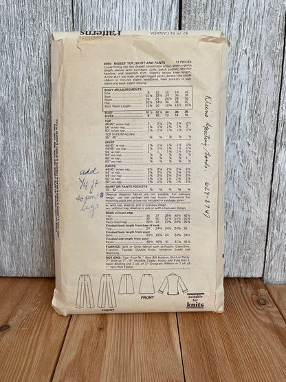Vogue 8999 Top Skirt Pants Size 12 Sewing Pattern Complete