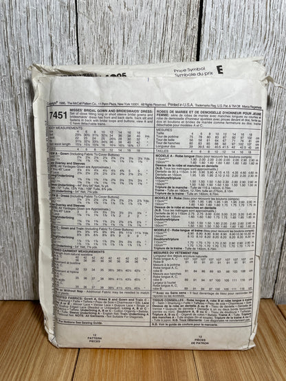 McCall's 7451 Wedding Dress Bridesmaid Dress Alicyn Exclusives Size 4 Pattern Uncut FF