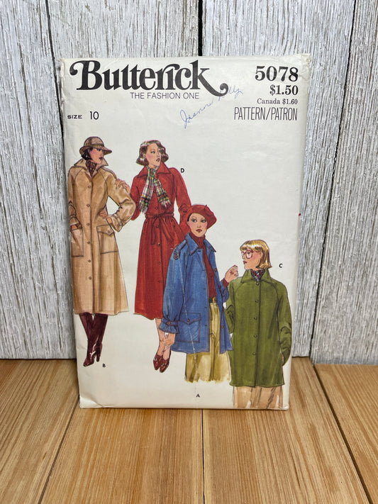 Butterick 5078 Lose Fitting Lined Coast Jacket Pointed Collar Size 10 Pattern Uncut FF