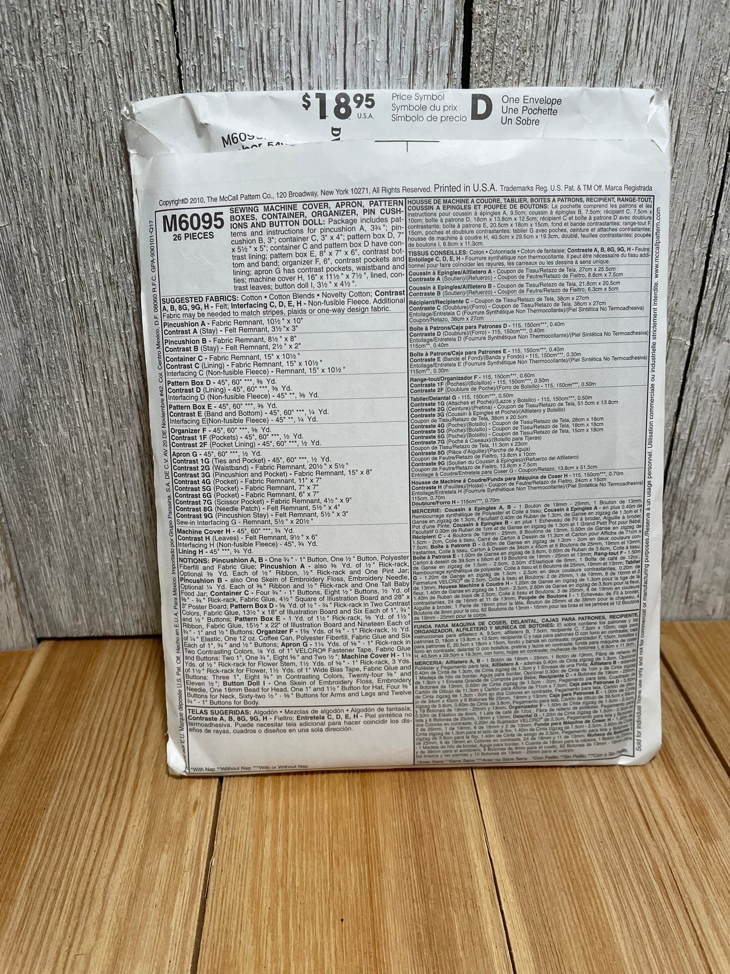 McCalls Crafts M6095 Sewing Machine Cover, Apron, Pattern Boxes, Container, Organizer, Pin Cushion, and Button Doll Pattern UNCUT FF
