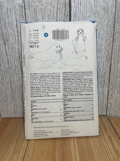 Vogue Craft 8012 WWF Sea Animals Walrus, Seal, Sea Otter Stuffed Animals Pattern UNCUT FF