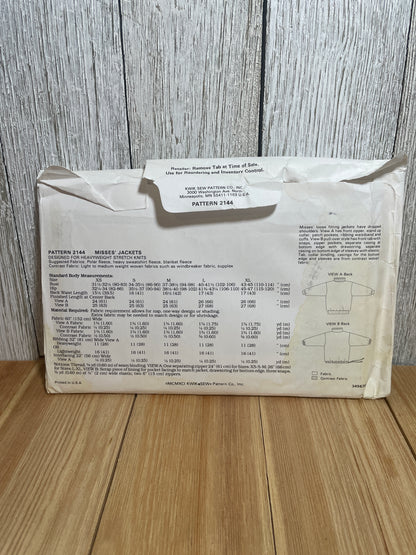 Kwik Sew 2144 Winter Misses Jacket with Zipper or Bitton Front Pockets Pattern Size XS-XL UNCUT FF