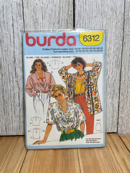 Burda 6312 V Neck Button Down Oversized Shirt Blouse and Tank Top Pattern Size 8-20 UNCUT FF Sealed