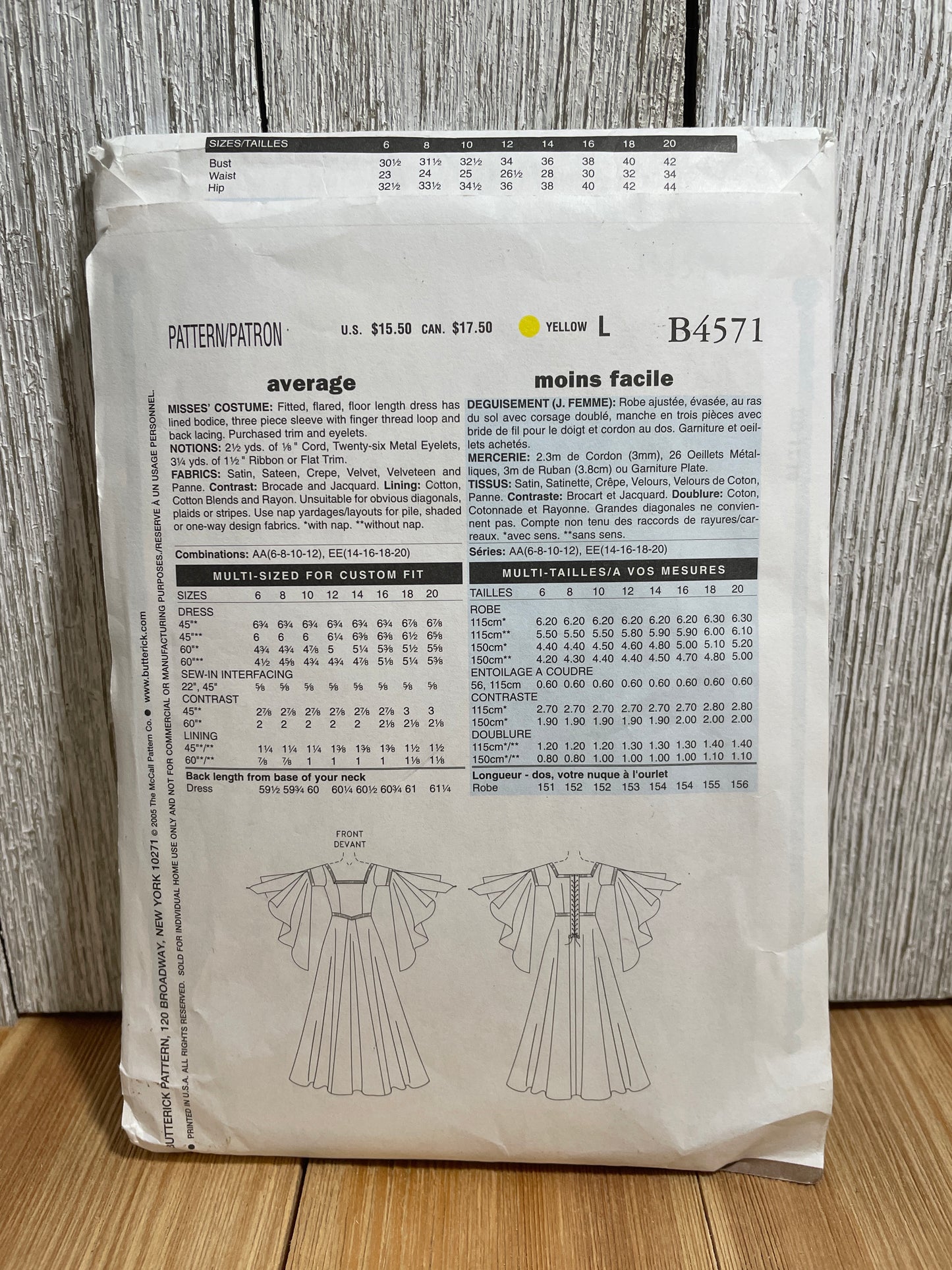 Butterick B4571 Renaissance Princess Gown with Full Bell Sleeves Size 6-12 Pattern UNCUT FF Halloween Costume