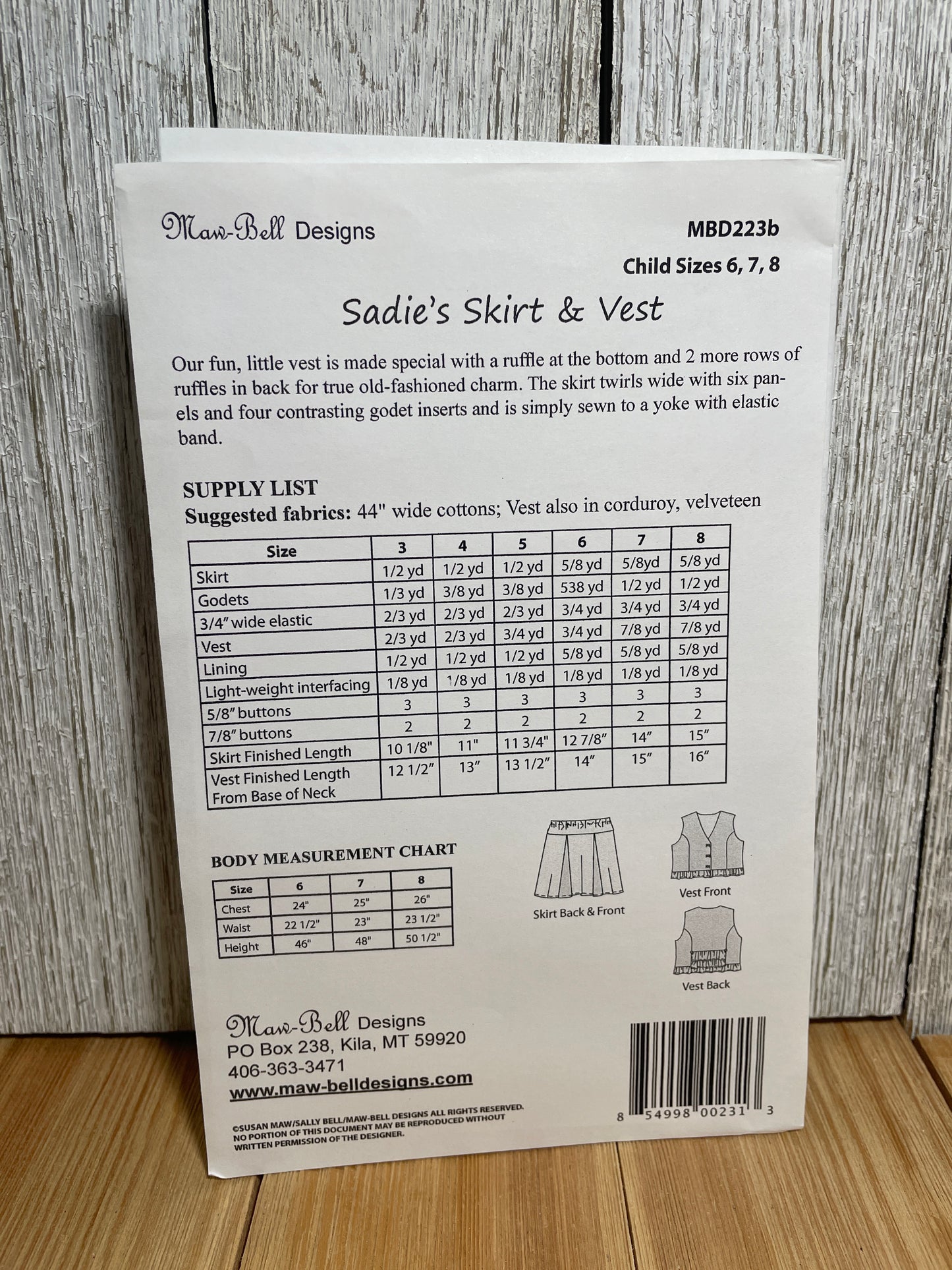 Maw Bell Designs Sadie's Skirt and Vest Pattern Ruffled Vest and Pleated Skirt for Children Size 6-8 UNCUT FF