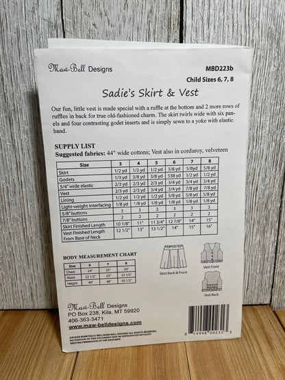Maw Bell Designs Sadie's Skirt and Vest Pattern Ruffled Vest and Pleated Skirt for Children Size 6-8 UNCUT FF