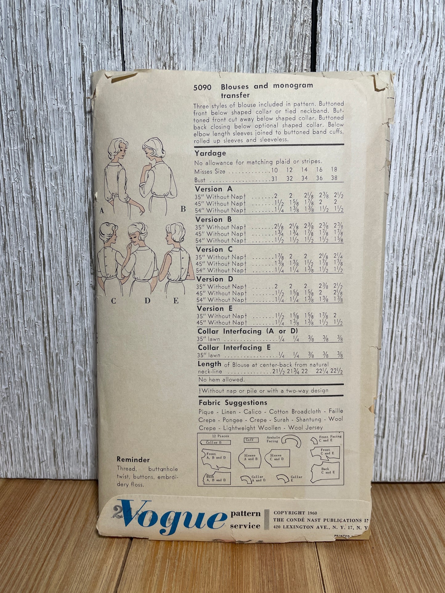 Vogue 5090 Blouse with Neck Tiem Peter Pan Collar, and Monogram Letter Transfer Size 14 Pattern UNCUT FF