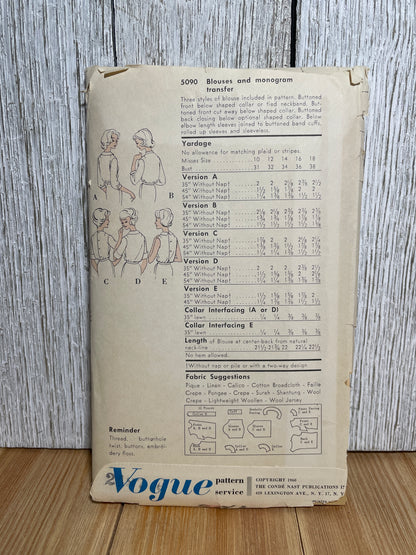 Vogue 5090 Blouse with Neck Tiem Peter Pan Collar, and Monogram Letter Transfer Size 14 Pattern UNCUT FF