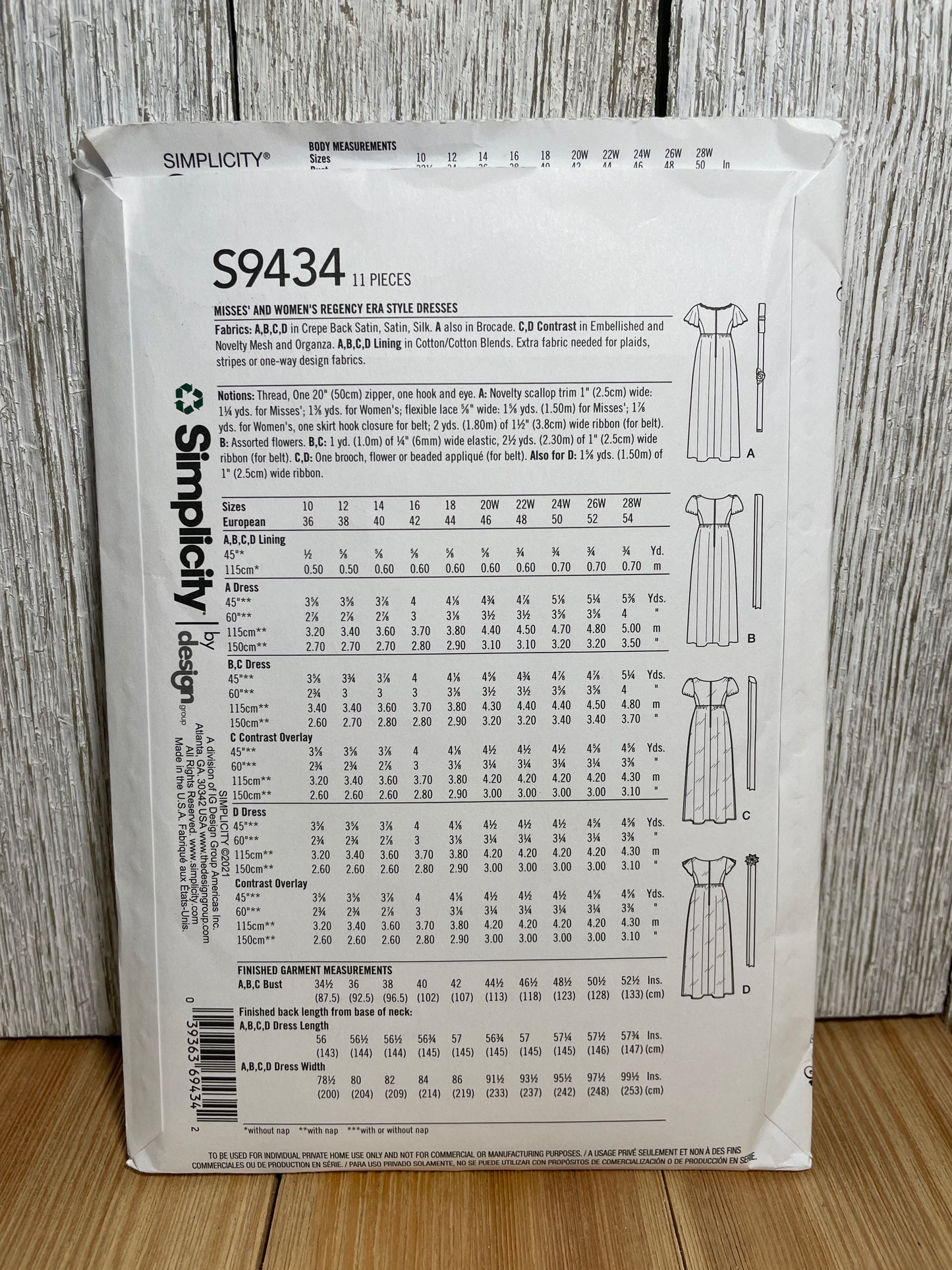 Simplicity S9434 Empire Waist Regency Dress Size 10-28W Pattern UNCUT FF Halloween Costume