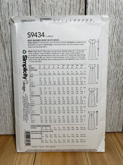 Simplicity S9434 Empire Waist Regency Dress Size 10-28W Pattern UNCUT FF Halloween Costume