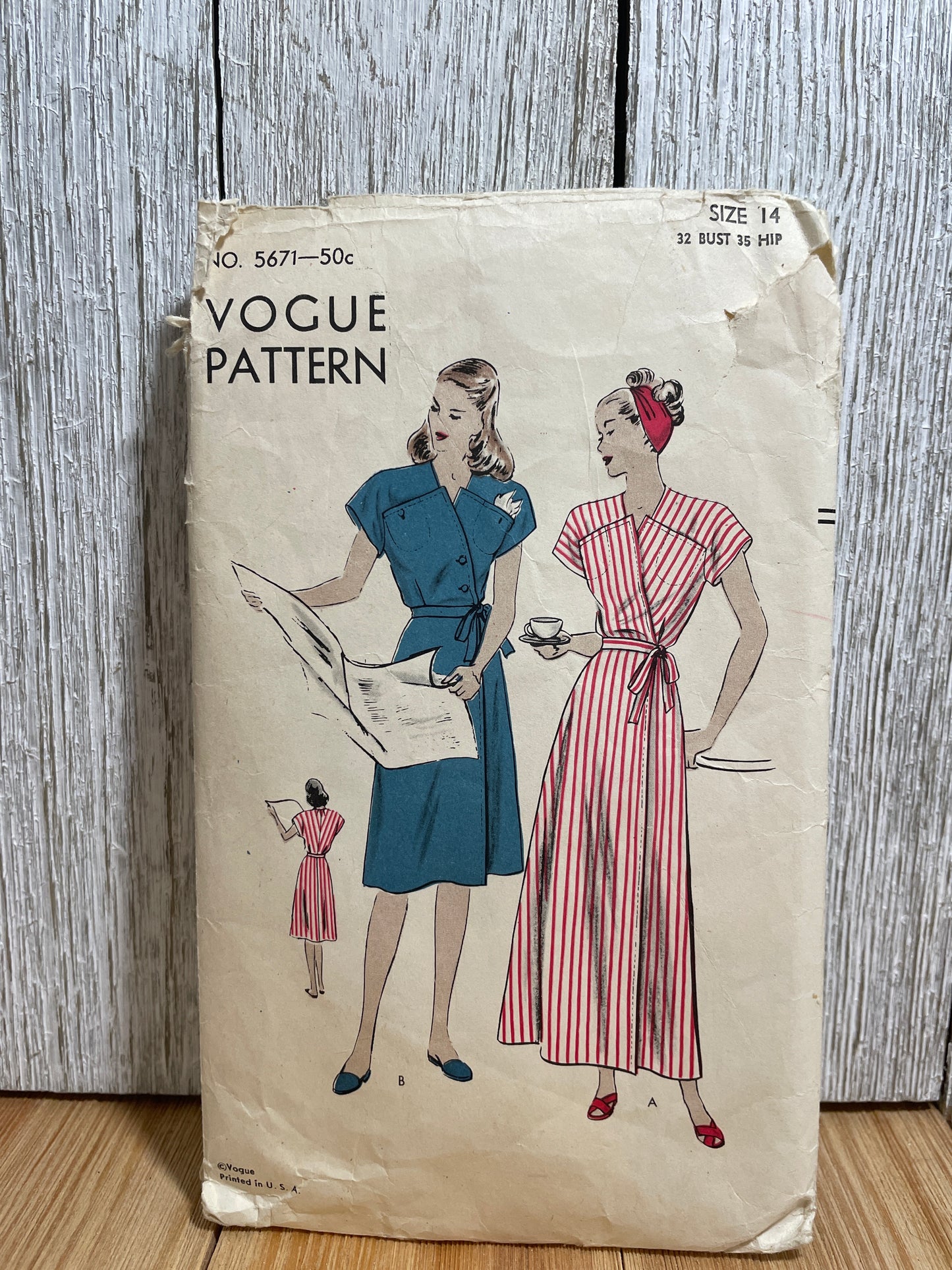 Rare Vogue Pattern 5671 One Piece Wrap Style Dress V Neckline Size 14 Pattern Cut Well Loved