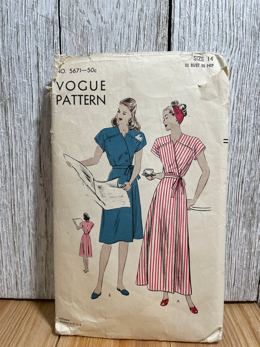 Rare Vogue Pattern 5671 One Piece Wrap Style Dress V Neckline Size 14 Pattern Cut Well Loved