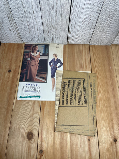 Vogue Classics 7745 Scalloped Collar Two Piece Suit Fitted Blouse and Skirt Size 6-10 Pattern UNCUT FF