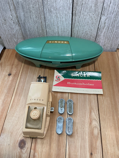 Vintage Singer Green Buttonholer “Jetson” Atomic Style Case and Instructions Included