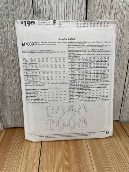 McCall's M7800 Misses Pullover Loose Fit Dress with Trumpet Sleeves Size 6-14 Uncut FF Sewing Pattern